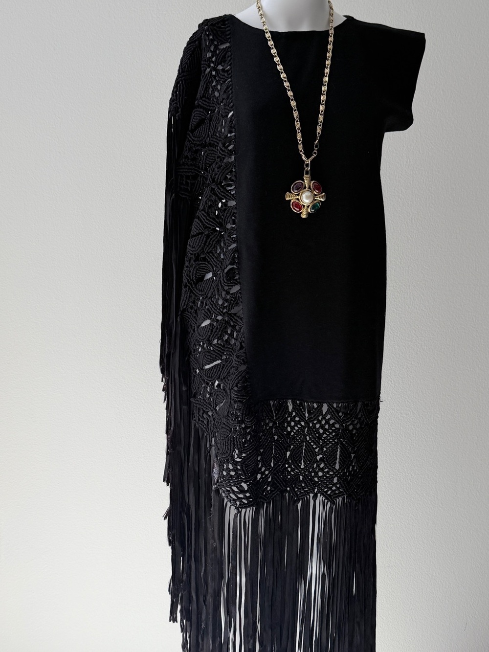Vintage Upcycled Black Crochet Fringe Wool Dress